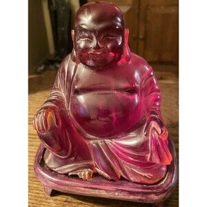 Vintage Lucite Translucent Orange Happy Buddha Statue Figurine On Wooden Stand